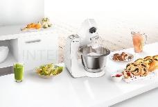 Кухонный комбайн BOSCH  MUM58243, 1000Вт, цвет: белый/серебристый, корпус пластик, чаша нерж.ст. 3,9 л, 7 скор+импульс. Комплектация:  2 венчика, крюк для теста, блендер пластик 1,25л, универсальная резка с 3 дисками, пресс для цитрусовых, дополнительная