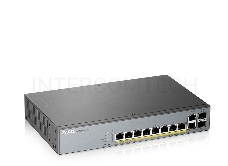 Коммутатор Zyxel GS1350-12HP, 10xGE (8xPoE+), 2xSFP, бюджет PoE 130 Вт, дальность передачи питания до 250 м, автоперезагрузка PoE-портов, повышенная защита от перенапряжений и электростатических разрядов