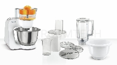 Кухонный комбайн BOSCH  MUM58243, 1000Вт, цвет: белый/серебристый, корпус пластик, чаша нерж.ст. 3,9 л, 7 скор+импульс. Комплектация:  2 венчика, крюк для теста, блендер пластик 1,25л, универсальная резка с 3 дисками, пресс для цитрусовых, дополнительная