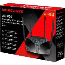 Двухдиапазонный роутер MERCUSYS AX3000 Wi-Fi 6, до 574 Мбит/с на 2,4 ГГц + до 2402 Мбит/с на 5 ГГц,  4 фиксированные внешние антенны, 3 гигабитных порта LAN, 1 гигабитный порт WAN