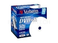 Диск DVD+R Verbatim 4.7Gb 16x Jewel case (10шт) Printable (43508)