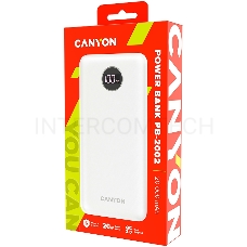 Внешний аккумулятор CANYON  PB-2002 Power bank 20000mAh Li-poly battery, Input Type-C 5V3A,9V2A,18W  , Output Type-C：5V3A,9V2.2A,12V1.5A,20W, Output USBA1/USBA2：5V3A,5V/4.5A,4.5V/5A,9V2A,12V1.5A,22.5W147.5*69*28.6mm, 0.437g , cable  Type C, white