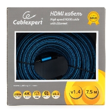 Кабель HDMI Cablexpert, серия Gold, 7,5 м, v1.4, M/M, синий, позол.разъемы, алюминиевый корпус, нейлоновая оплетка, коробка