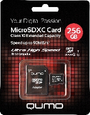 Карта памяти QUMO MicroSDXC 256 GB  UHS-I, 3.0 с адаптером SD, R/W 90/20 MB/s черно-красная картонная упаковка