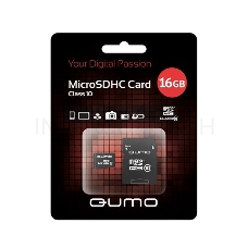 Флеш карта QUMO MicroSDHC 16GB Сlass 10 с адаптером SD, черно-красная картонная упаковка