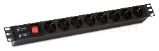 Монтажное оборудование Hyperline SHE19-8SH-S-IEC Блок розеток 19, 250В, 1U, 16А, 8 розеток Schuko, с выключателем, алюминиевый корпус, разъем IEC 60320 C14