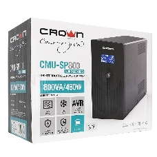 Источник бесперебойного питания CROWN Line Intractive CMU-800EURO LCD USB 800VA\480W, корпус металл, 1x12V/9AH, розетки 4*EURO+1*IEC bypass, трансформатор AVR 145-280V, LCD-дисплей, съёмный кабель 1.2 м, порт RJ11/45, порт USB, защита: от перегрузки, от К