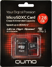 Флэш карта Micro SecureDigital 128Gb QUMO QM128GMICSDXC10U1 {MicroSDXC Class 10 UHS-I, SD adapter}