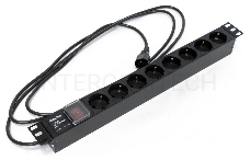 Hyperline SHE19-8SH-S-2.5IEC Блок розеток для 19 шкафов, горизонтальный, с выключателем с подсветкой, 8 розеток Schuko (10A), 250В, кабель питания 3х1.0мм2, длина 2.5 м, с вилкой IEC 320 C14, 482.6x4