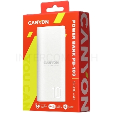 Мобильный аккумулятор CANYON Power bank 10000mAh Li-poly battery, Input 5V/2A, Output 5V/2.1A, with Smart IC, White, USB cable length 0.25m, 120*52*22mm, 0.210Kg