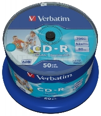 Диск CD-R Verbatim 700 Mb, 52x, Cake Box (50), DL+, Full Ink Printable (50/200)