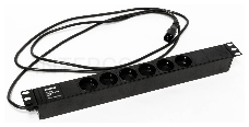 Hyperline SHE19-6SH-2.5IEC Блок розеток для 19 шкафов, горизонтальный, 6 розеток Schuko (10A), 250В, кабель питания 3х1.0мм2, длина 2.5 м, с вилкой IEC 320 C14, 482.6x44.4x44.4мм (ДхШхВ)