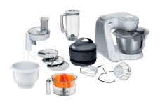 Кухонный комбайн BOSCH  MUM58243, 1000Вт, цвет: белый/серебристый, корпус пластик, чаша нерж.ст. 3,9 л, 7 скор+импульс. Комплектация:  2 венчика, крюк для теста, блендер пластик 1,25л, универсальная резка с 3 дисками, пресс для цитрусовых, дополнительная