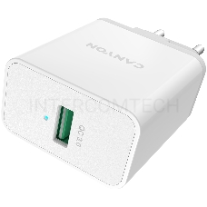 Сетевое зарядное устройство Canyon, QC3.0 36W WALL Charger with 1-USB A   Input: 100V-240V, Output:  USB-A:QC3.0 36W (5V3A/9V3.0A/12V3.0A),  Eu plug  , Over- Voltage ,  over-heated, over-current and short circuit protection Compliant with CE RoHs,ERP.Size