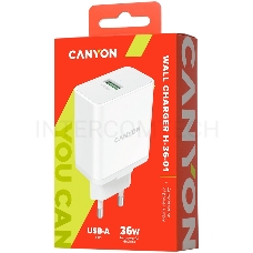 Сетевое зарядное устройство Canyon, QC3.0 36W WALL Charger with 1-USB A   Input: 100V-240V, Output:  USB-A:QC3.0 36W (5V3A/9V3.0A/12V3.0A),  Eu plug  , Over- Voltage ,  over-heated, over-current and short circuit protection Compliant with CE RoHs,ERP.Size