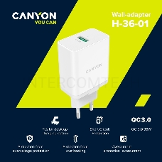 Сетевое зарядное устройство Canyon, QC3.0 36W WALL Charger with 1-USB A   Input: 100V-240V, Output:  USB-A:QC3.0 36W (5V3A/9V3.0A/12V3.0A),  Eu plug  , Over- Voltage ,  over-heated, over-current and short circuit protection Compliant with CE RoHs,ERP.Size