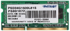 Память Patriot SL 4GB DDR3 1600MHz SO-DIMM PSD34G1600L81S PC3-12800, 1.35V 1*4GB CL11
