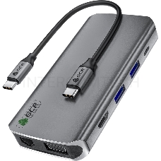 Хаб GCR TypeC Hub 10 в 1 HDMI + VGA + RJ45 + USB3.0 x3 + Card Reader + Audio + TypeC PD