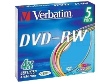 Диск DVD-RW Verbatim 4.7Gb 4x Slim case (5шт) Color (43563)