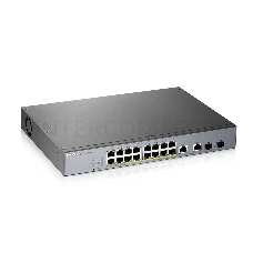 Коммутатор Zyxel GS1350-18HP, 16xGE PoE+, 2xCombo (SFP/RJ-45), бюджет PoE 250 Вт, дальность передачи питания до 250 м, автоперезагрузка PoE-портов, повышенная защита от перенапряжений и электростатических разряд