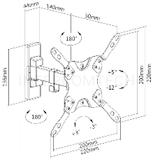 Кронштейн Ultramounts UM864W {Для использования с телевизорами диагональю 13-42, весом до 20кг. Возможен наклон до 12 градусов и подъем до 5 градусов Поворот влево и вправо на 90 градусов . Расстоян