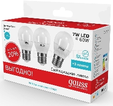 Светодиодная лампа GAUSS 53227T LED Elementary Шар 7W E27 4100K 1/40 (3 лампы в упаковке)