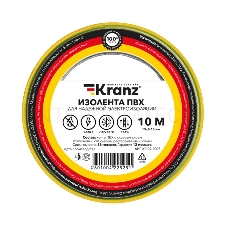 Изолента ПВХ KRANZ 0.13х15 мм, 10 м, желто-зеленая (10 шт./уп.)