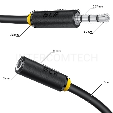 Удлинитель для гарнитуры GCR 0.3m jack 3,5mm/jack 3,5mm черный, желтая окантовка, 28AWG, M/F