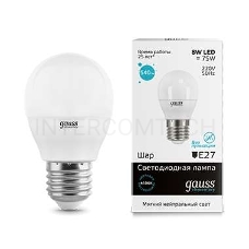 Светодиодная лампа GAUSS 53228 LED Elementary Шар 8W E27 540lm 4100K 1/10/100 0