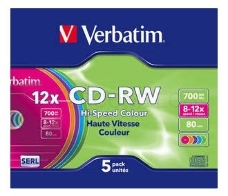 Диск CD-RW Verbatim 700Mb 12x Slim case (5шт) Color (43167)