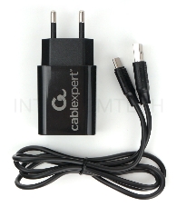 Адаптер питания Cablexpert MP3A-PC-37 USB 2 порта, 2.4A, черный + кабель 1м Type-C