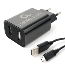 Адаптер питания Cablexpert MP3A-PC-35 USB 2 порта, 2.4A, черный + кабель 1м micro