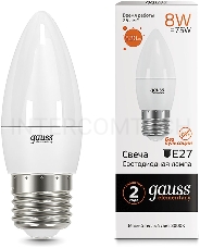 Лампа светодиодная Gauss Elementary 8Вт цок.:E27 свеча 220B 3000K св.свеч.бел.теп. C37 (упак.:10шт) (33218)