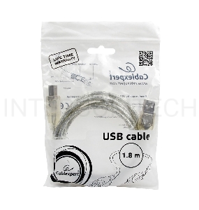 Кабель USB 2.0 Pro Cablexpert CCF-USB2-AMBM-TR-6, AM/BM, 1,8м, экран, феррит.кольца, прозрачный, пакет