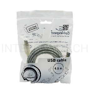 Кабель Cablexpert USB 2.0 Pro, AM/BM, 4,5м, экран, 2 феррит.кольца, прозрачный (CCF-USB2-AMBM-TR-15)