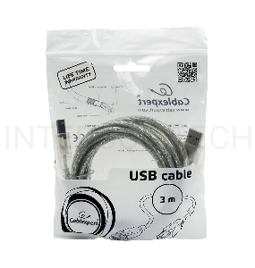 Кабель USB 2.0 Pro Cablexpert CCF-USB2-AMBM-TR-10, AM/BM, 3м, экран, феррит.кольца, прозрачный, пакет