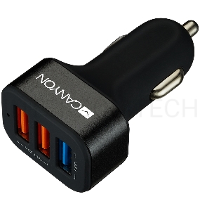 Зарядное устройство CANYON Universal 3xUSB car adapter(1 USB with Quick Charger QC3.0), Input 12-24V, Output USB/5V-2.1A+QC3.0/5V-2.4A&9V-2A&12V-1.5A, with Smart IC, black rubber coating+black metal ring+QC3.0 port with blue/other ports in orange,  66*35.