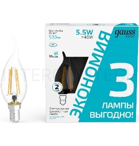 Лампа светодиодная Gauss Basic 1041126T 5.5Вт цок.:E14 свеча 240B 4100K св.свеч.бел.ней. (упак.:3шт)