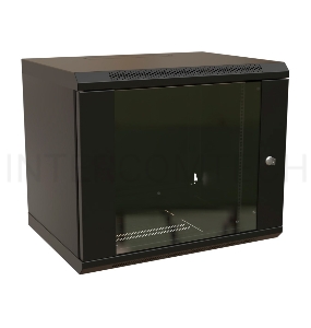 Шкаф коммутационный WRline (WR-TW-1245-GP-RAL9004) настенный 12U 600x450мм пер.дв.стекл 2 бок.пан. 60кг черный 370мм 650мм IP20 сталь