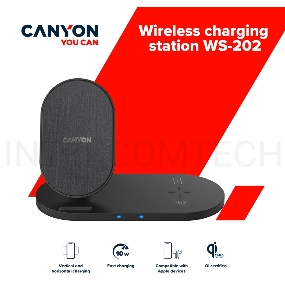 Беспроводное зарядное устройство CANYON WS-202 2in1 Wireless charger, Input 5V/3A, 9V/2.67A, Output 10W/7.5W/5W, Type c cable length 1.2m, PC+ABS,with PU part ,180*86*111.1mm, 0.185Kg,Black