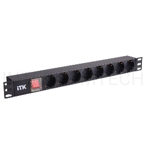 Блок розеток 8 розеток нем. стандарт, с LED выключателем,1U, без шнура, вх. C14, алюминиевый профиль PDU 8 розеток нем. стандарт, с LED выключателем,1U, без шнура, вх. C14, алюминиевый профиль