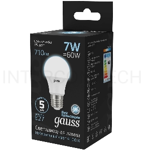 Лампа светодиодная Gauss 7Вт цок.:E27 шар 220B 4100K св.свеч.бел.ней. A60 (упак.:10шт) (102502207)