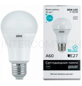 Лампа GAUSS LED Elementary Арт. 23229  A60 20W E27 4100K 1/10/40 груша