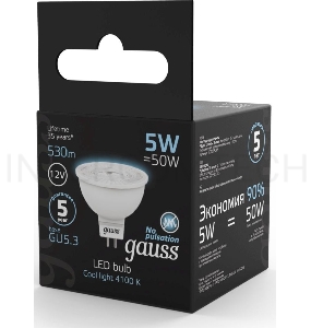Лампа светодиодная Gauss Black 5Вт цок.:GU5.3 рефлектор 12B 4100K св.свеч.бел.ней. MR16 (упак.:10шт) (201505205)