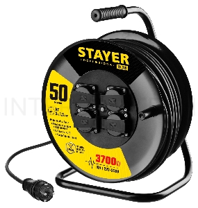 Удлинитель силовой Stayer 55077-50 3x1.5кв.мм 4розет. 50м КГ катушка черный