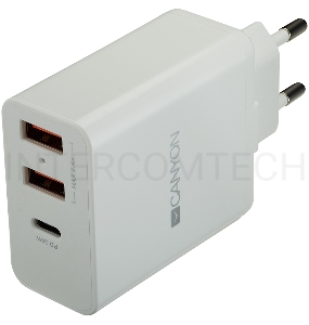 Сетевая зарядка CANYON Universal 3xUSB AC charger (in wall) with over-voltage protection(1 USB-C with PD Quick Charger), Input 100V-240V, OutputUSB-A/5V-2.4A+USB-C/PD30W, with Smart IC, White Glossy Color+ orange plastic part of USB, 96.8*52.48*28.5mm, 0.