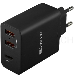 Сетевой адаптер CANYON Universal 3xUSB AC charger (in wall) with over-voltage protection(1 USB-C with PD Quick Charger), Input 100V-240V, Output USB-A/5V-2.4A+USB-C/PD30W, with Smart IC, Black Glossy Color+orange plastic part of USB, 96.8*52.48*28.5mm, 0.