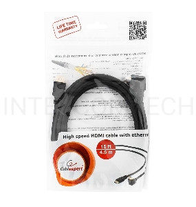 Кабель HDMI Gembird/Cablexpert CC-HDMI490-15, 4.5м, v1.4, 19M/19M, углов. разъем, черный, позол.разъемы, экран, пакет