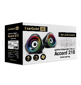 Акустическая система 2.0 ExeGate EX289680RUS Accord 210 (питание USB, 2х3Вт (6Вт RMS), 60-20000Гц, цвет черный, RGB подсветка)