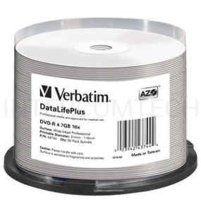 Диск DVD-R Verbatim 4.7 Gb, 16x, Cake Box (50), Full Ink Printable Pro (50/200)